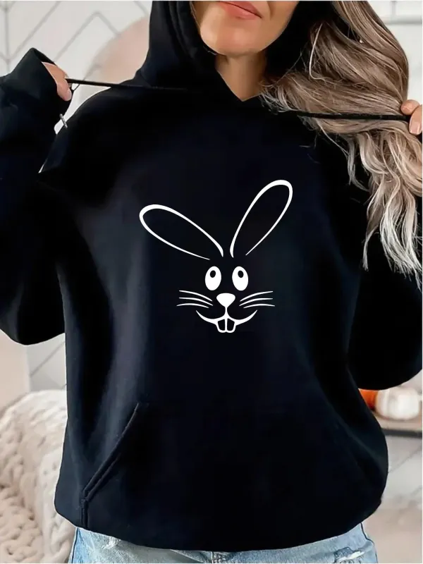 Tailorly Women's Printed Hoodie - Cheerful Smiling Bunny With Playful Eyes On Black Hoodie Bunny made by Tailorly