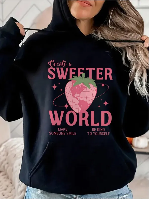Tailorly Women's Printed Hoodie - Create A Sweeter World Pink Strawberry Globe Orbiting Within Tiny Stars made by Tailorly