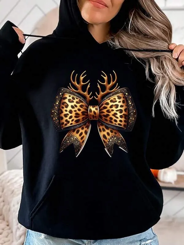 Tailorly Women's Printed Hoodie - Leopard Print Antlers With Shimmering Gold Ribbon Bow sold by Tailorly