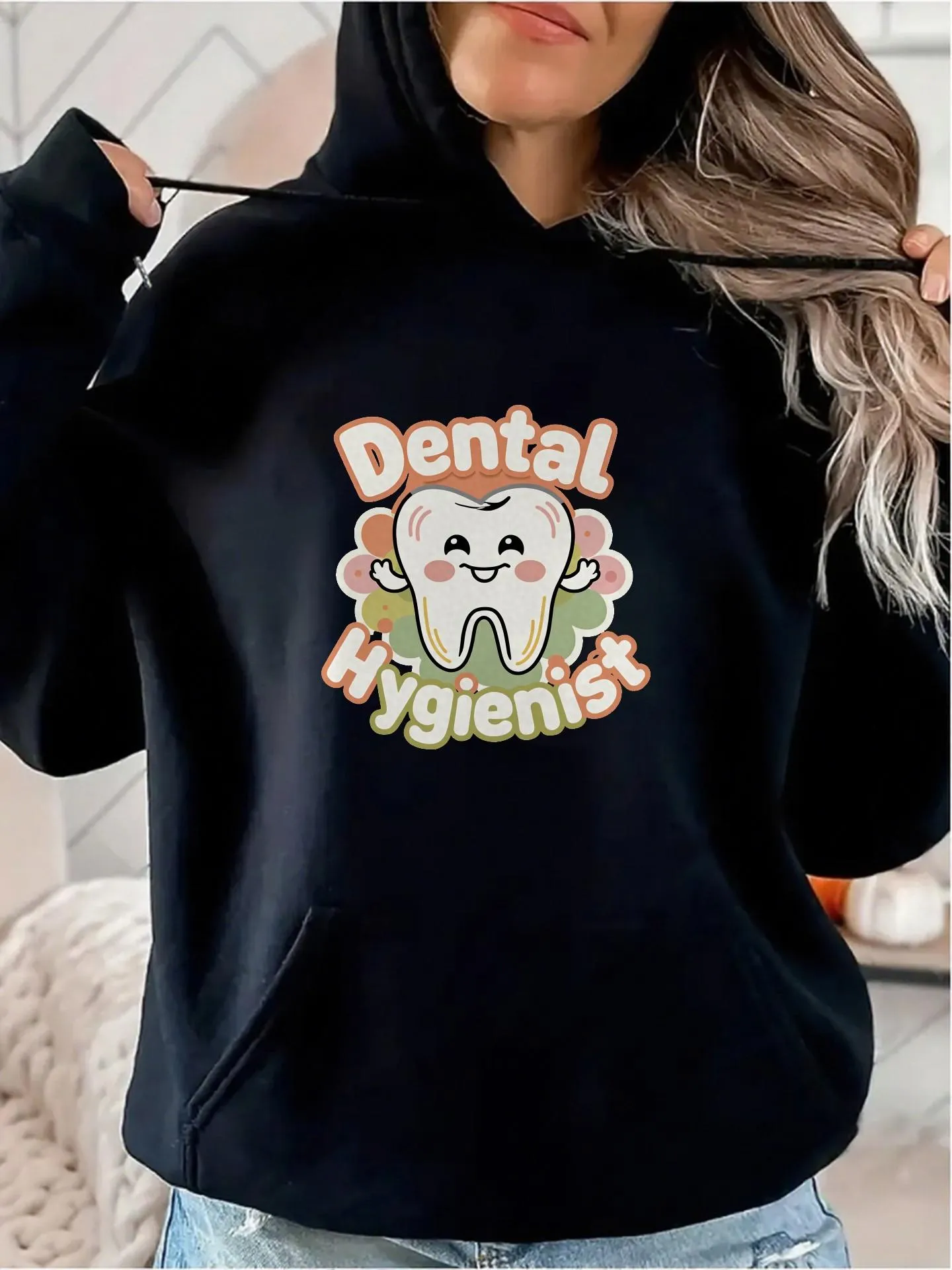 Tailorly Women's Printed Hoodie - Dental Hygienist Cartoon Smiling Tooth Surrounded By Colorful Clouds sold by Tailorly