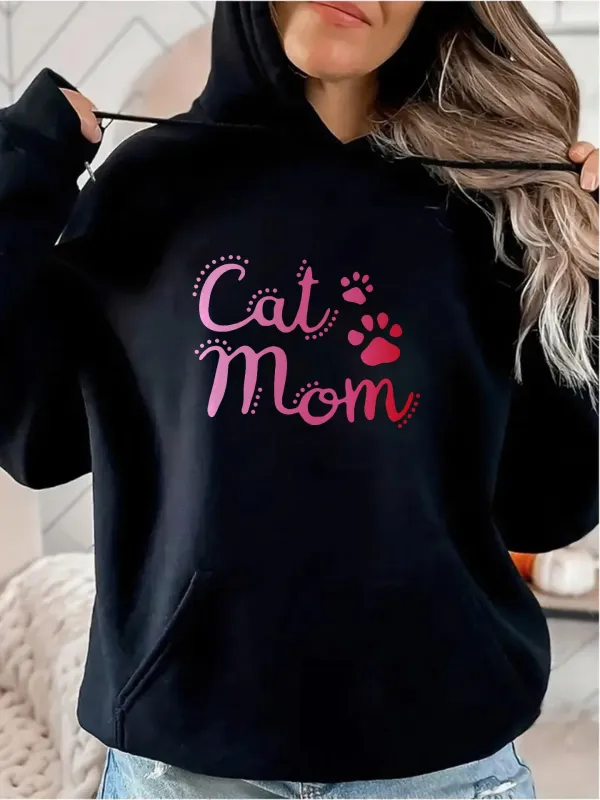 Tailorly Women's Printed Hoodie - Cat Mom Pink Lettering With Playful Paw Print Accents Under Soft Lighting Hoodie made by Tailorly