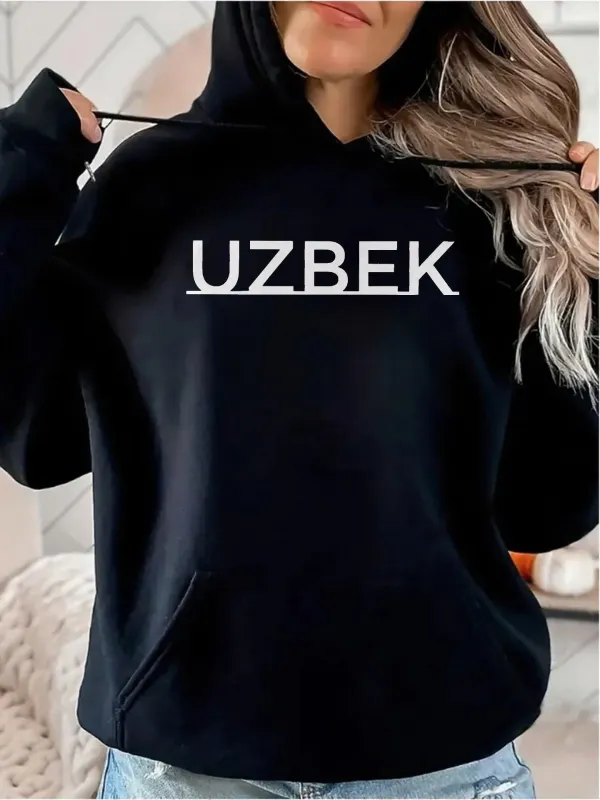 Tailorly Women's Printed Hoodie - Uzbek Simple White Text Across Solid Black Hoodie made by Tailorly