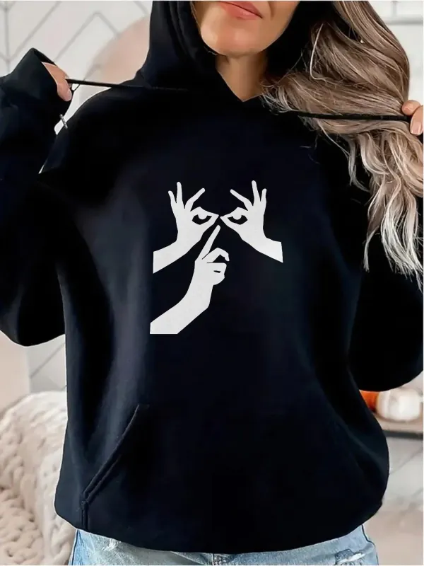 Tailorly Women's Printed Hoodie - Minimalist Sign Language Hands In Calm Graphic Black Hoodie made by Tailorly