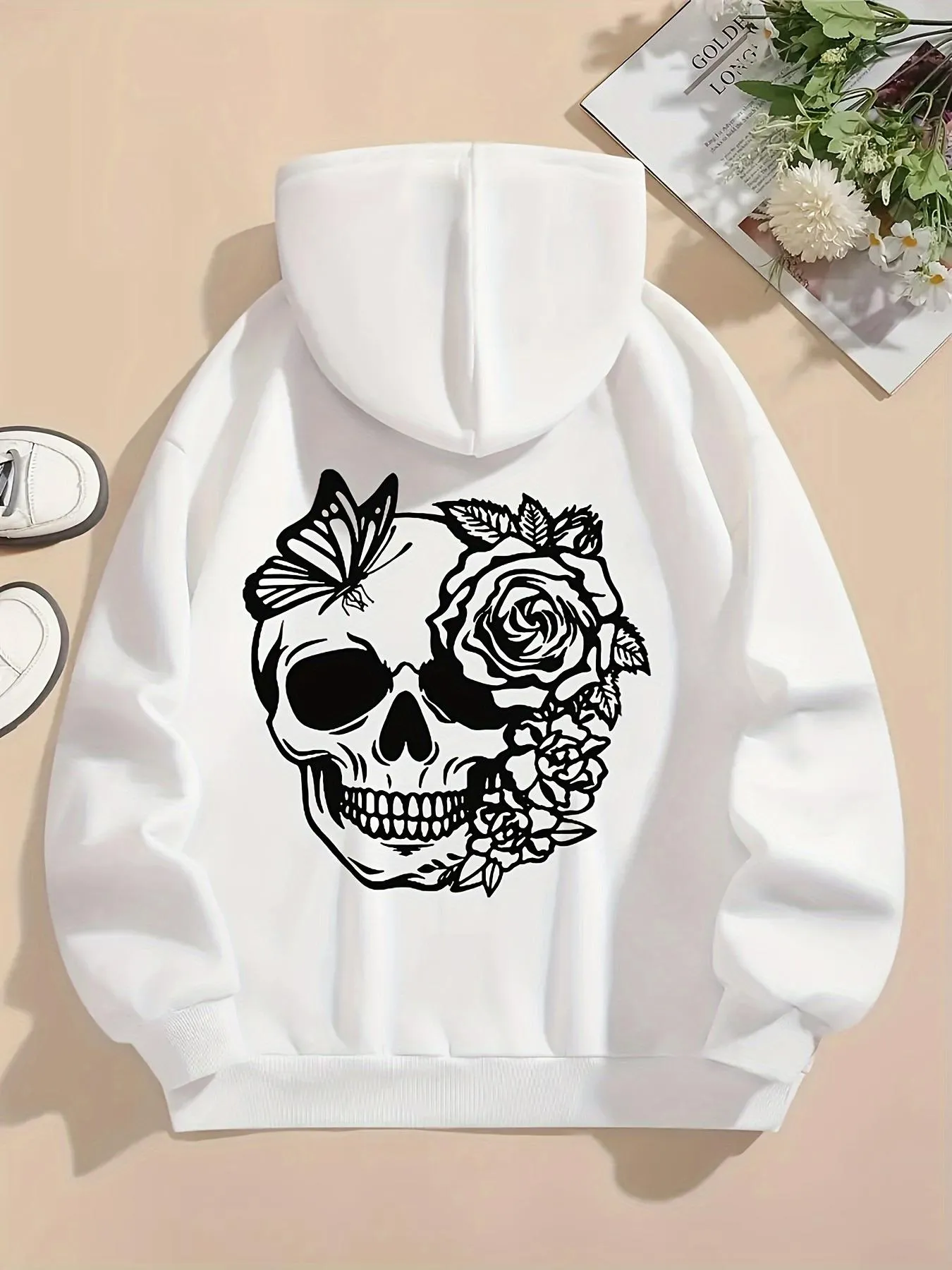 Tailorly Women's Printed Hoodie - Monochrome Skull With Detailed Flowers And Delicate Butterflies Skull sold by Tailorly