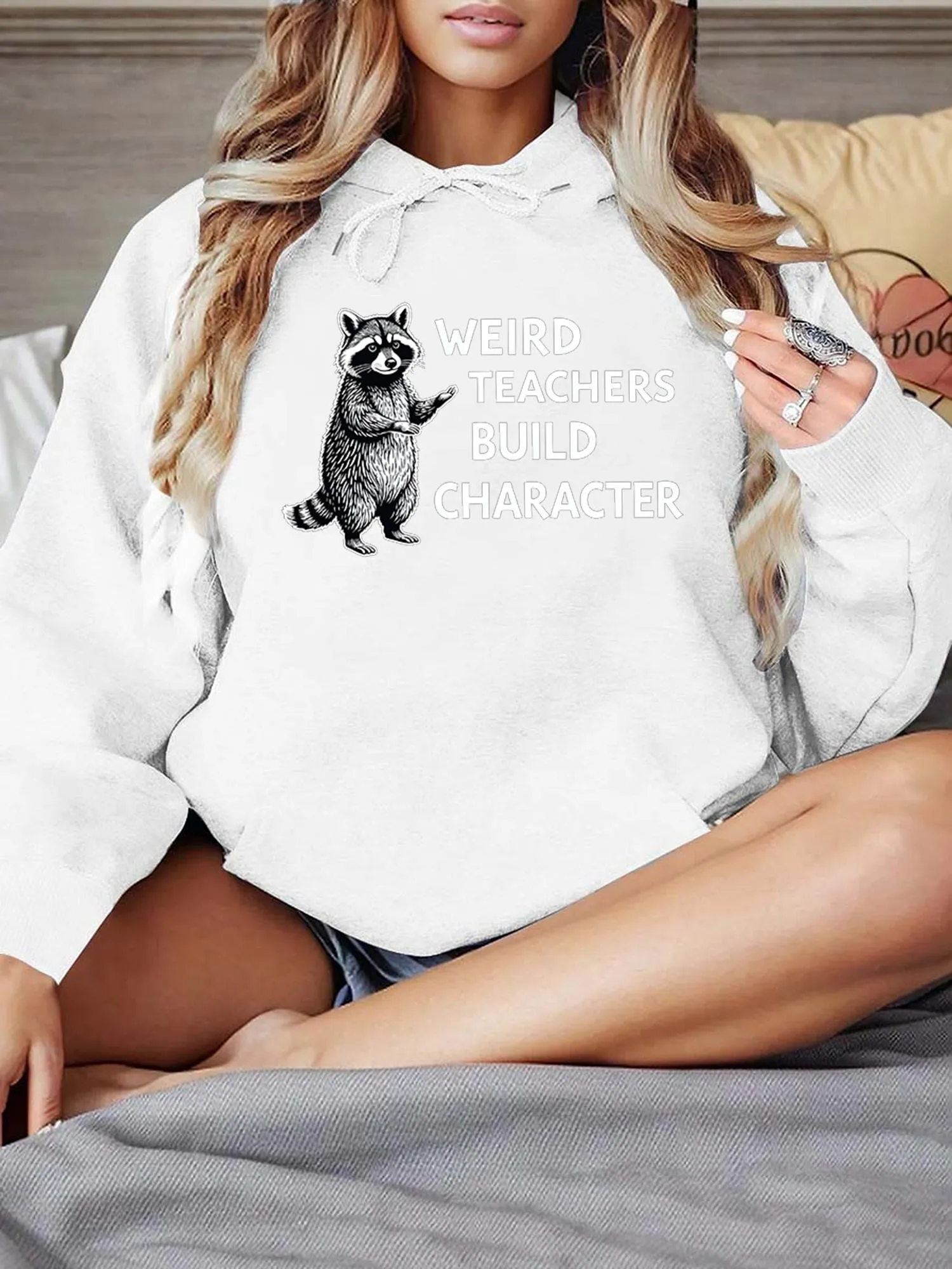 Tailorly Women's Printed Hoodie - Rules For The Build Character Raccoon In Cozy Living Room White Hoodie sold by Tailorly