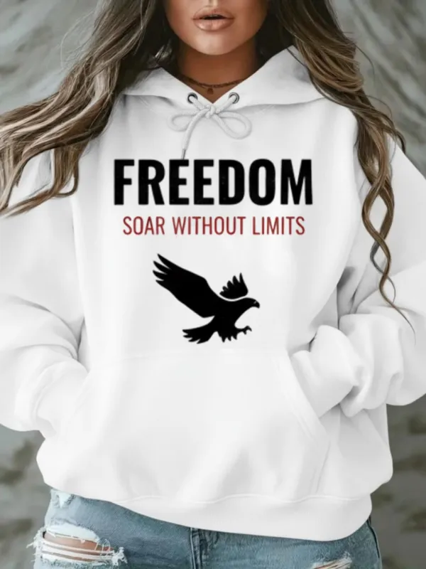 Tailorly Women's Printed Hoodie - Freedom Soar Without Limits Flying Eagle Silhouette On Minimalist White Hoodie made by Tailorly