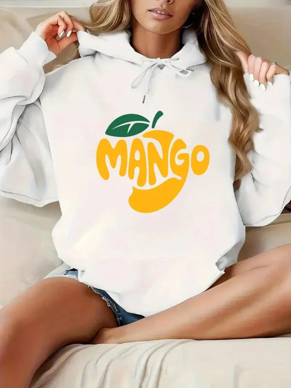 Tailorly Women's Printed Hoodie - Mango Yellow Fruit Slice With Leaf Motif Centered On Hoodie made by Tailorly