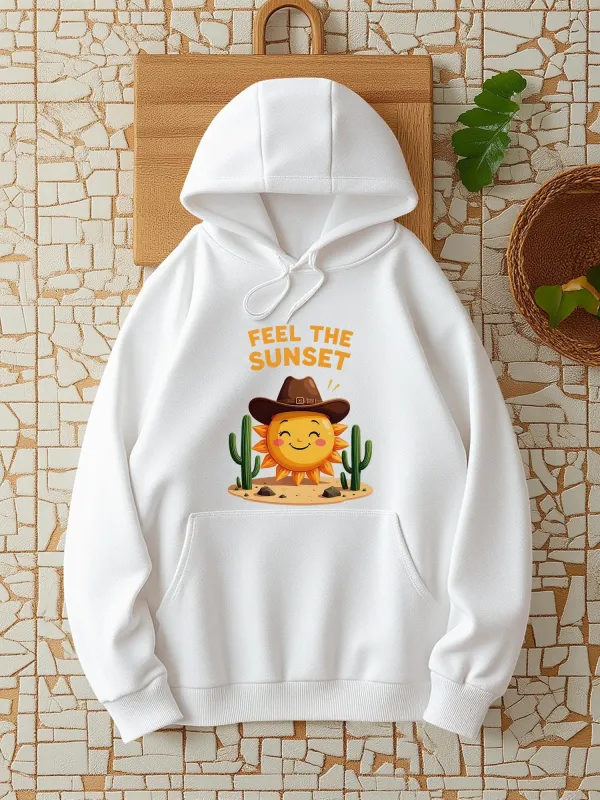 Tailorly Women's Printed Hoodie - Feel The Sunset Smiling Sun Among Cacti Warm Desert Vibes Hoodie made by Tailorly