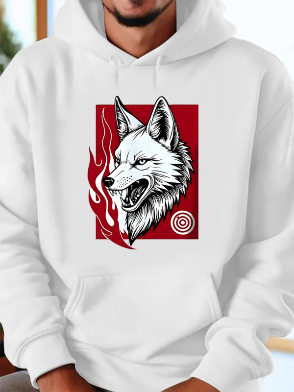 Tailorly Men's Printed Hoodie - Bold Red Flames With Monochrome Fiery Eyes White Wolf made by Tailorly