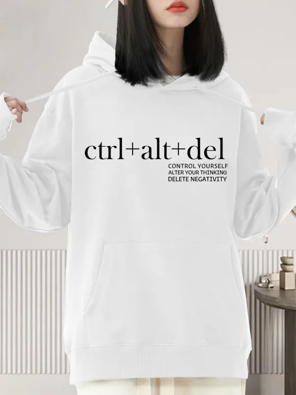 Tailorly Women's Printed Hoodie - Ctrl Alt Del Minimalist Black Text Inspirational White Hoodie made by Tailorly