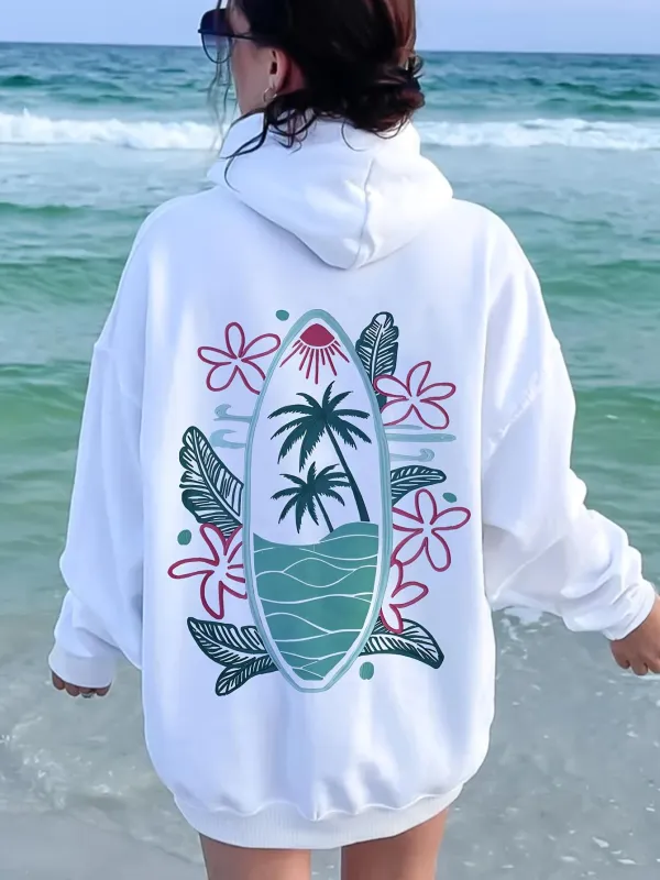 Tailorly Women's Printed Hoodie - Palm Trees With Flowers Surf And Rolling Ocean Waves Surfboard made by Tailorly