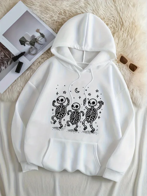 Tailorly Women's Printed Hoodie - Dancing Under Crescent Moon With Stars Energetic Skeleton Trio made by Tailorly