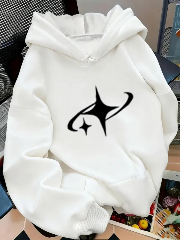 Tailorly Women's Printed Hoodie - Abstract Black Curves And Star Forms On White Hoodie made by Tailorly