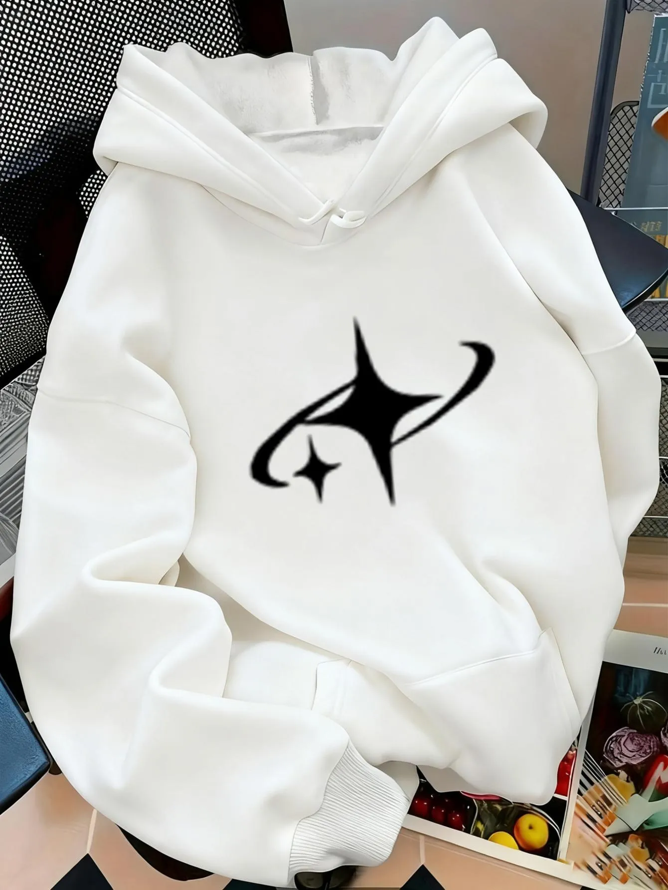 Tailorly Women's Printed Hoodie - Abstract Black Curves And Star Forms On White Hoodie sold by Tailorly