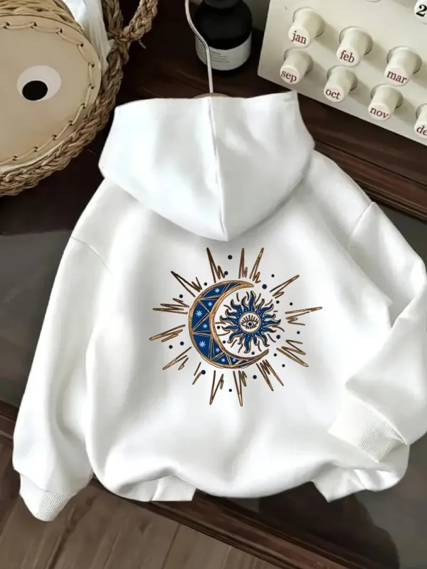 Tailorly Women's Printed Hoodie - Radiant Sunbeams Encircling A Cosmic Moon Surreal Celestial Symbol made by Tailorly