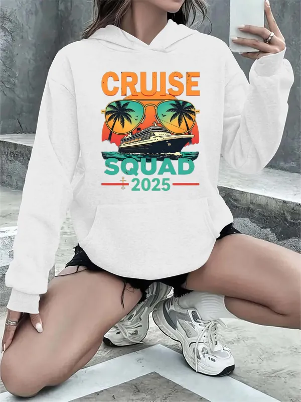 Tailorly Women's Printed Hoodie - Cruise Squad 2025 Sunset Palms With Vibrant Ocean Voyaging Cruise Ship made by Tailorly