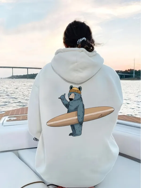 Tailorly Women's Printed Hoodie - Adventurous Bear Wearing Sunglasses Holding A Wooden Surfboard made by Tailorly