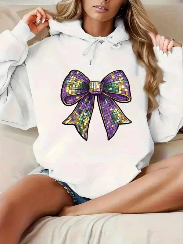 Tailorly Women's Printed Hoodie - Colorful Sequined Sparkling Purple Ribbon On White Bow made by Tailorly