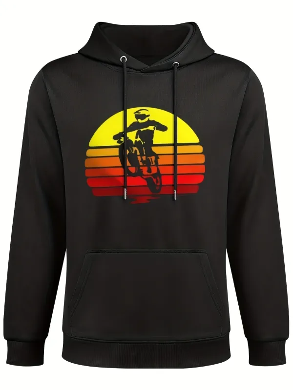Tailorly Men's Printed Hoodie - Sunset Horizon Silhouette Style With Dynamic Bicycle Rider made by Tailorly
