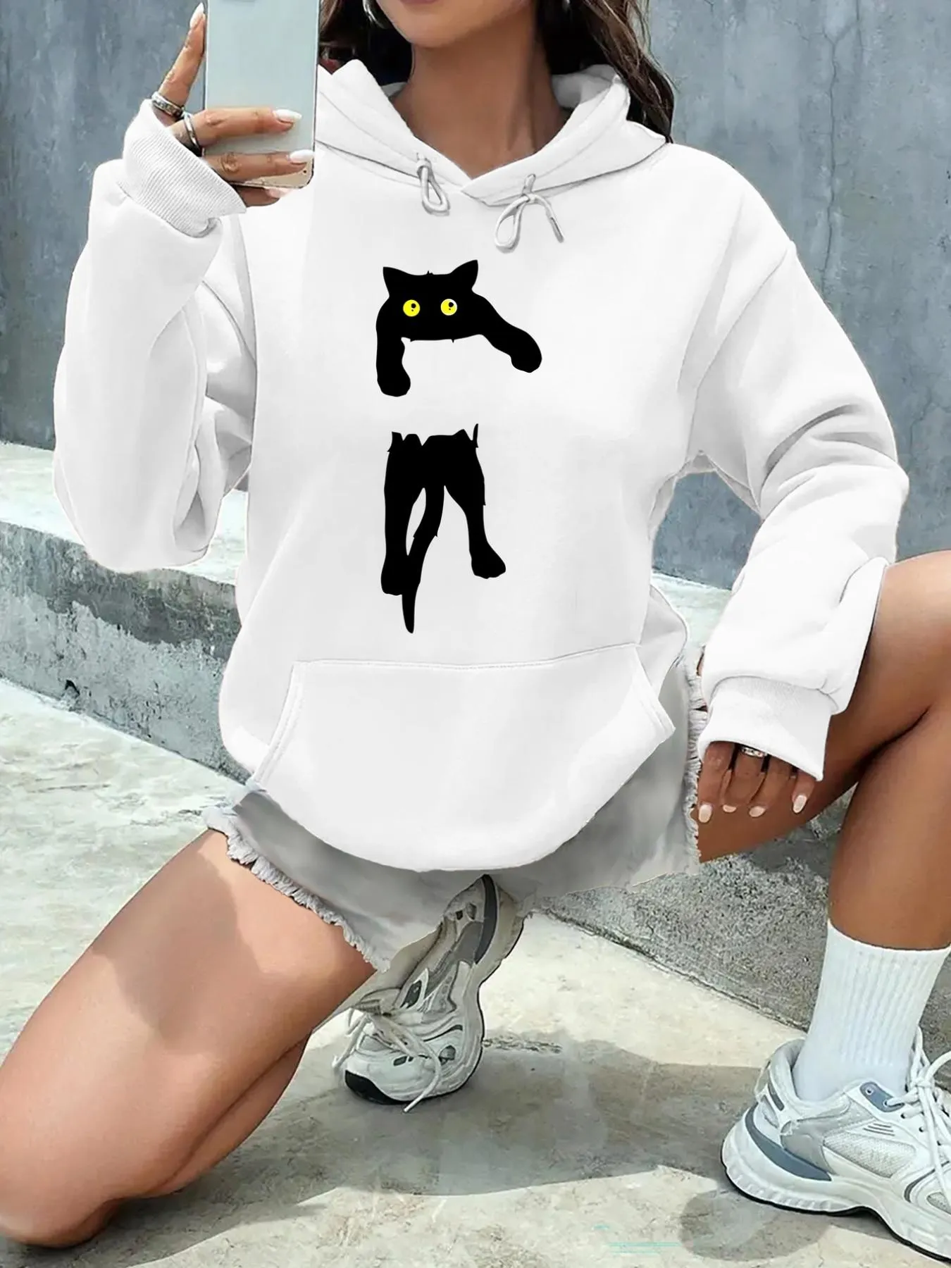 Tailorly Women's Printed Hoodie - Playful Shadowy Cat With Bright Yellow Eyes Walking Under Sunlight Cat sold by Tailorly