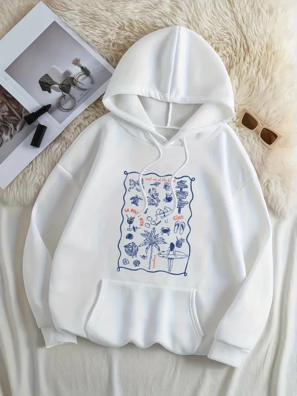 Tailorly Women's Printed Hoodie - Charming Blue Garden With Whimsical Botanical Illustrations And Hand Drawn Lines Flowers made by Tailorly