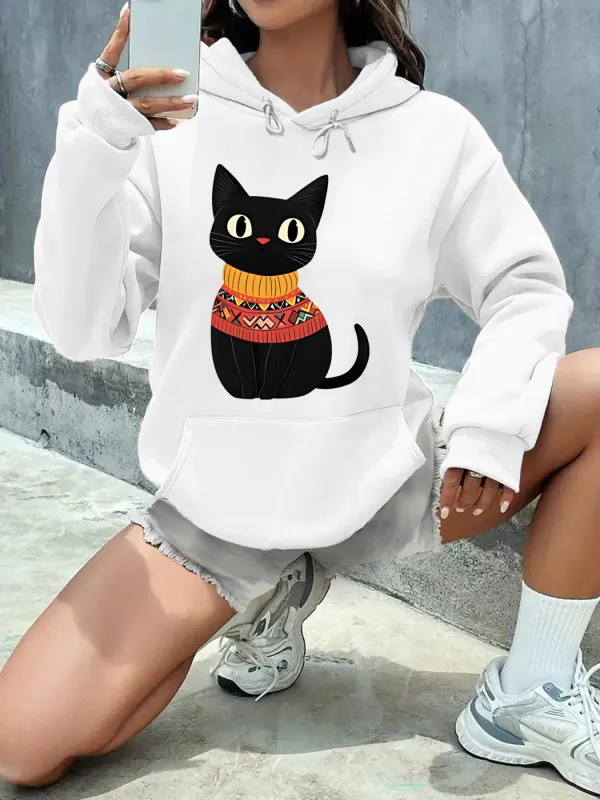 Tailorly Women's Printed Hoodie - Quirky Cozy Sweater Wearing Cat Sitting Upright Staring Calmly Cat made by Tailorly