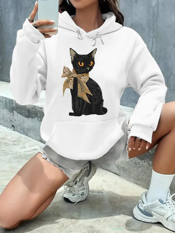 Tailorly Women's Printed Hoodie - Elegant Black Cat With Golden Bow Sitting Calmly Cat made by Tailorly