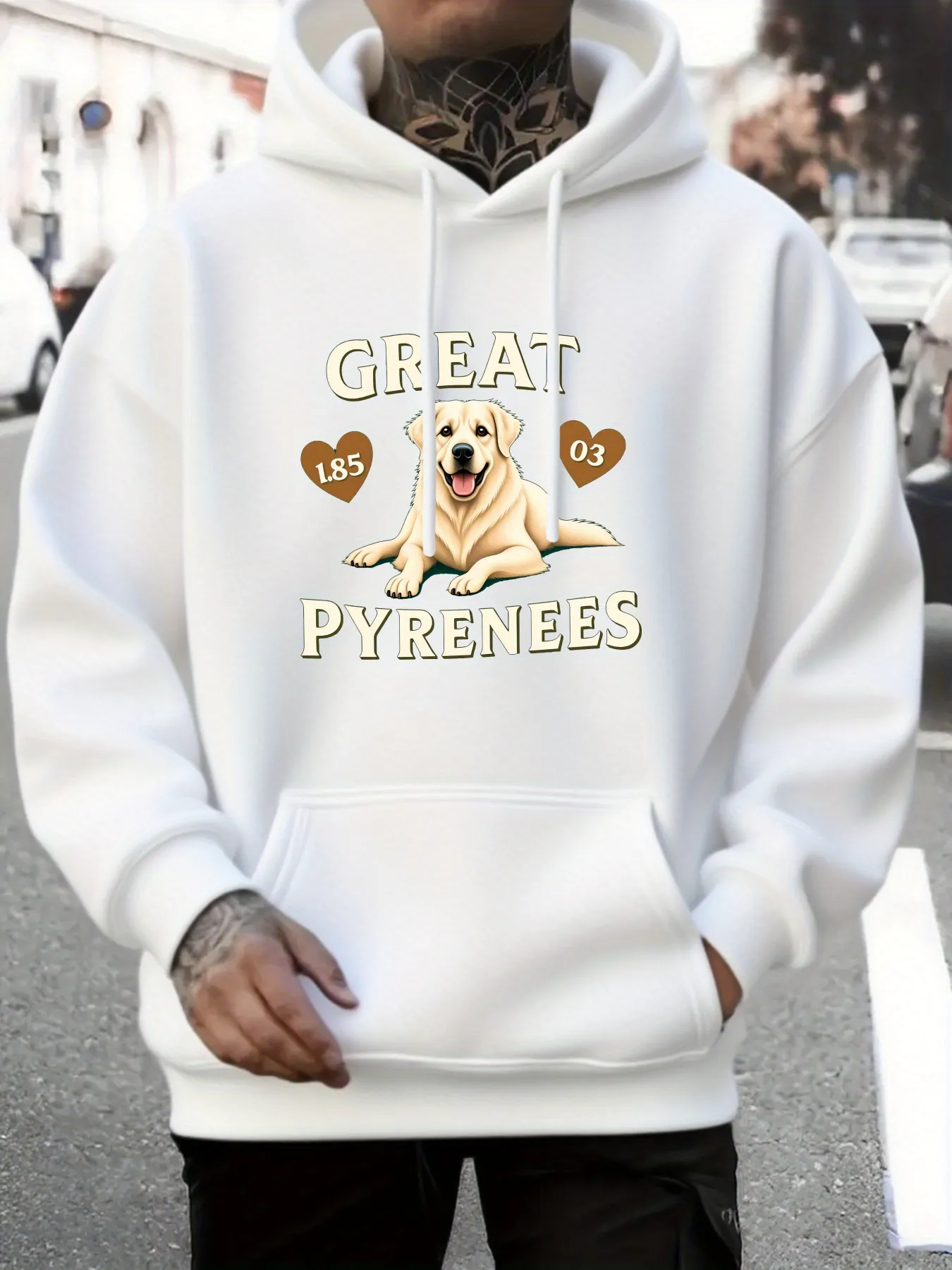 Tailorly Men's Printed Hoodie - Great Pyrenees Cute Illustration With Sweet Hearts And Relaxed Dog sold by Tailorly
