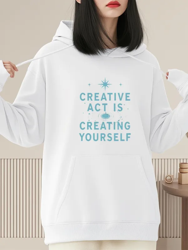 Tailorly Women's Printed Hoodie - Creative Act Is Creating Yourself With Minimalist Star Motif Over White Hoodie made by Tailorly