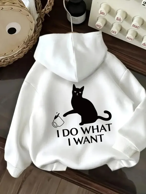 Tailorly Women's Printed Hoodie - I Do What I Want Mischievous Black Cat With Knocked Over Mug made by Tailorly