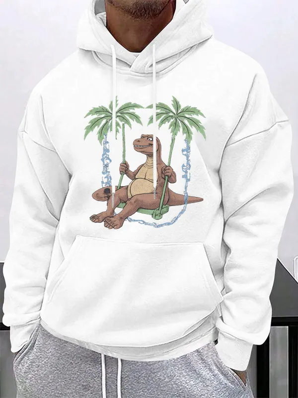 Tailorly Men's Printed Hoodie - Relaxing Tropical Paradise With Palm Trees Surrounding A Dinosaur Swing made by Tailorly