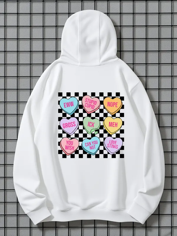 Tailorly Men's Printed Hoodie - Colorful Checkered Pastel Candy Hearts With Simple Short Phrases Hearts made by Tailorly