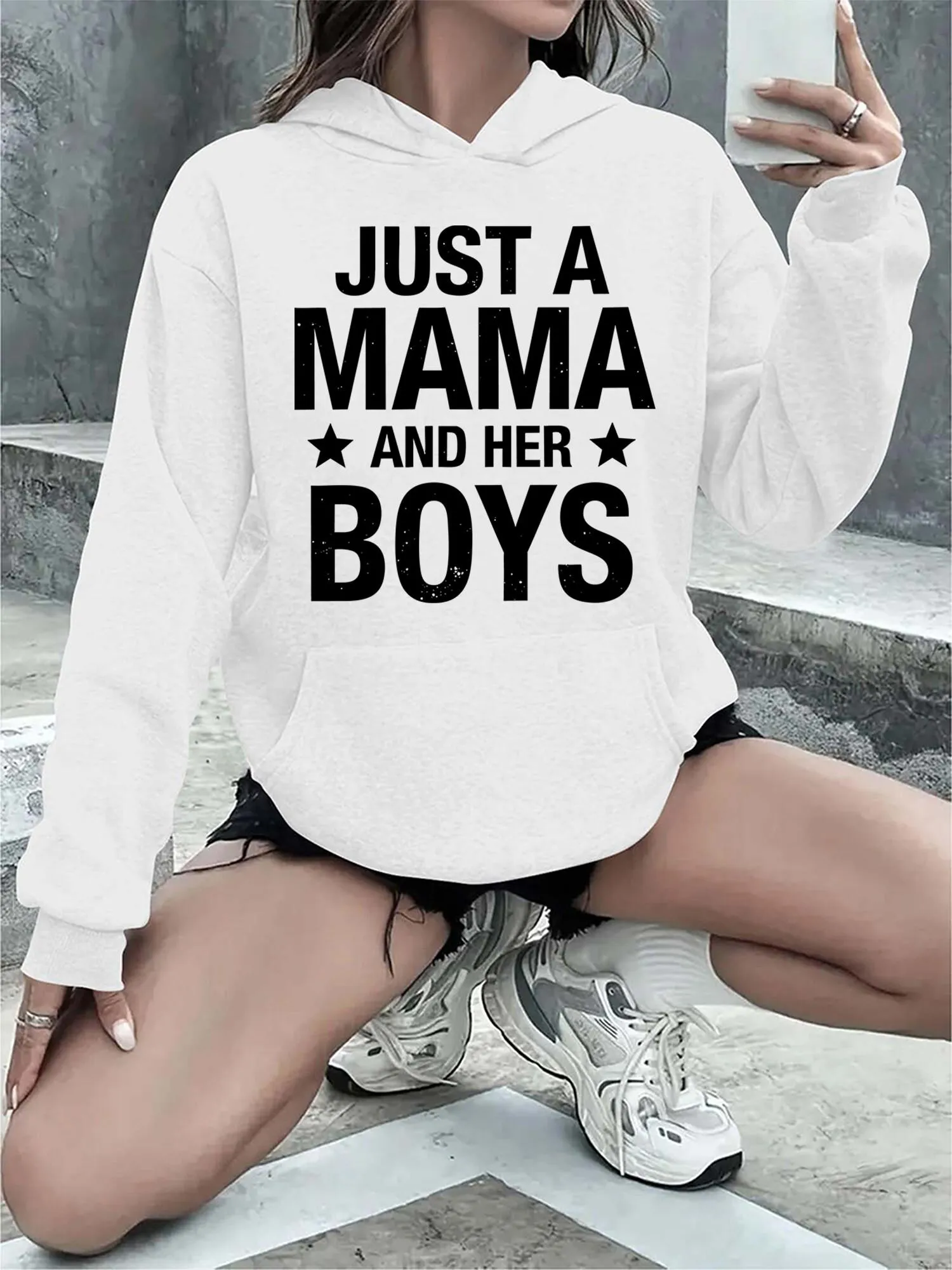 Tailorly Women's Printed Hoodie - Just A Mama And Her Boys Bold Black Lettering Family Text Hoodie sold by Tailorly