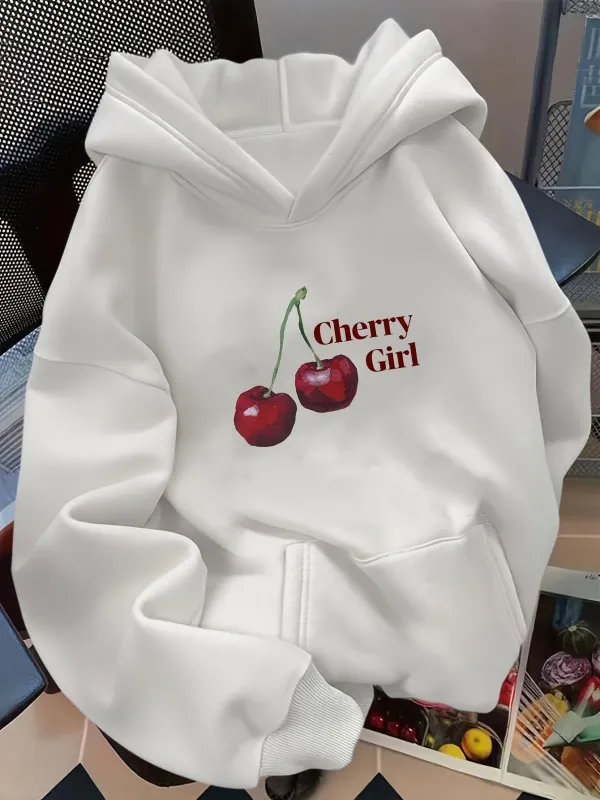 Tailorly Women's Printed Hoodie - Cherry Girl With Realistic Red Shiny Cherries On White Hoodie made by Tailorly