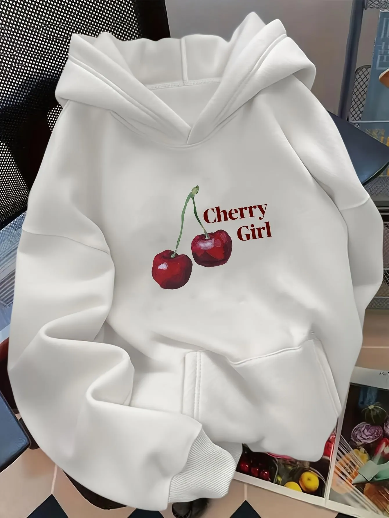Tailorly Women's Printed Hoodie - Cherry Girl With Realistic Red Shiny Cherries On White Hoodie sold by Tailorly