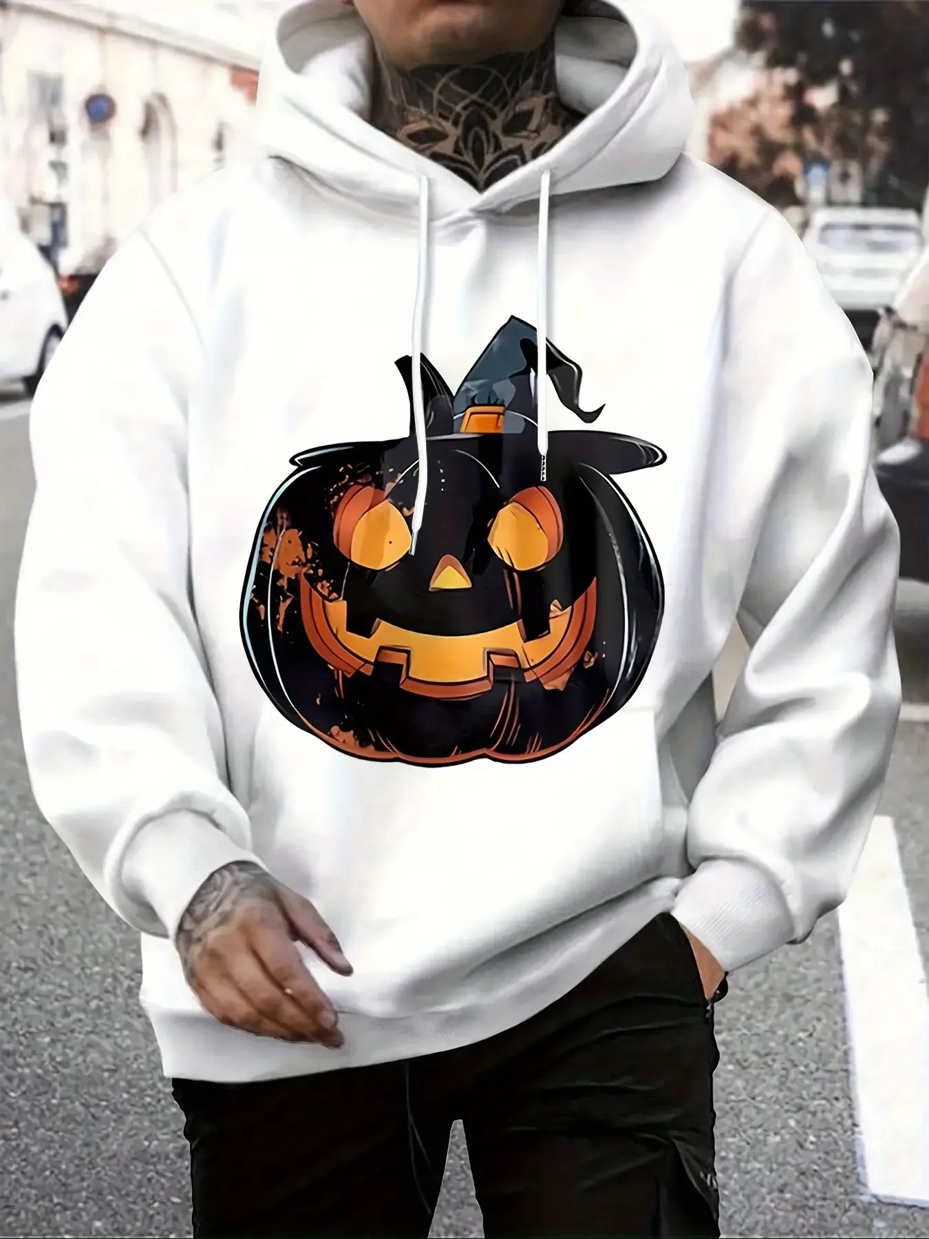 Tailorly Men's Printed Hoodie - Glowing Halloween Pumpkin With Witch Hat Playful Expression Pumpkin sold by Tailorly