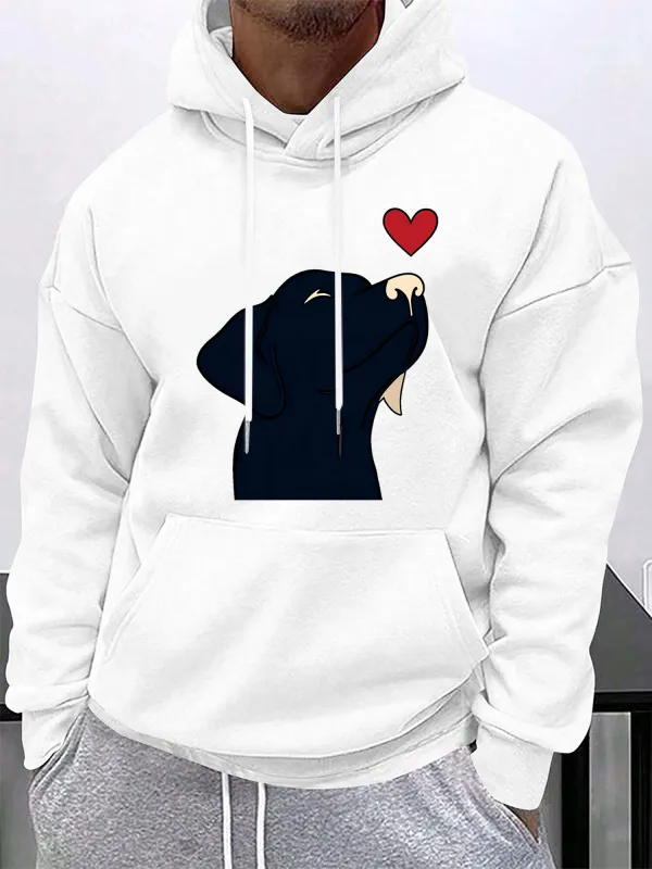 Tailorly Men's Printed Hoodie - Minimalist Black Dog Silhouette With Red Heart Accentuating Playful Puppy made by Tailorly