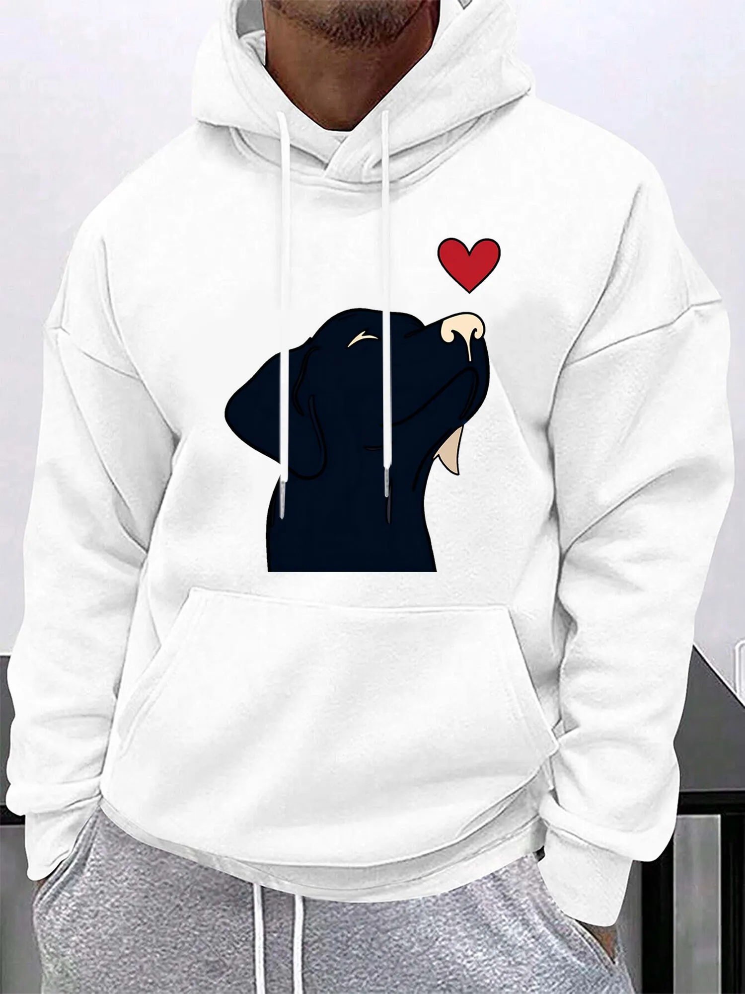 Tailorly Men's Printed Hoodie - Minimalist Black Dog Silhouette With Red Heart Accentuating Playful Puppy sold by Tailorly