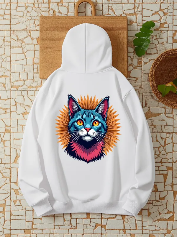 Tailorly Women's Printed Hoodie - Radiant Neon Glow With Vibrant Colorful Abstract Cat Portrait made by Tailorly