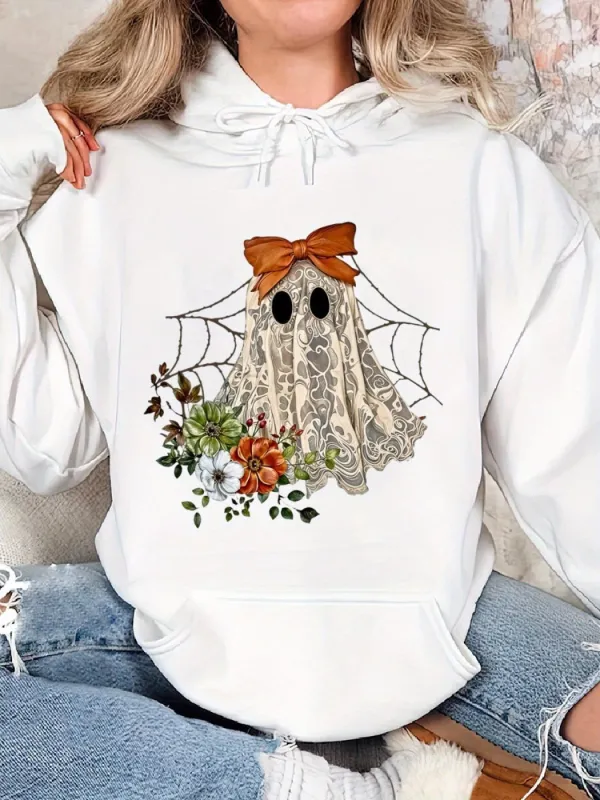 Tailorly Women's Printed Hoodie - Vintage Lace Ghost With Brown Bow And Autumn Flowers Surrounded By Spiderweb made by Tailorly