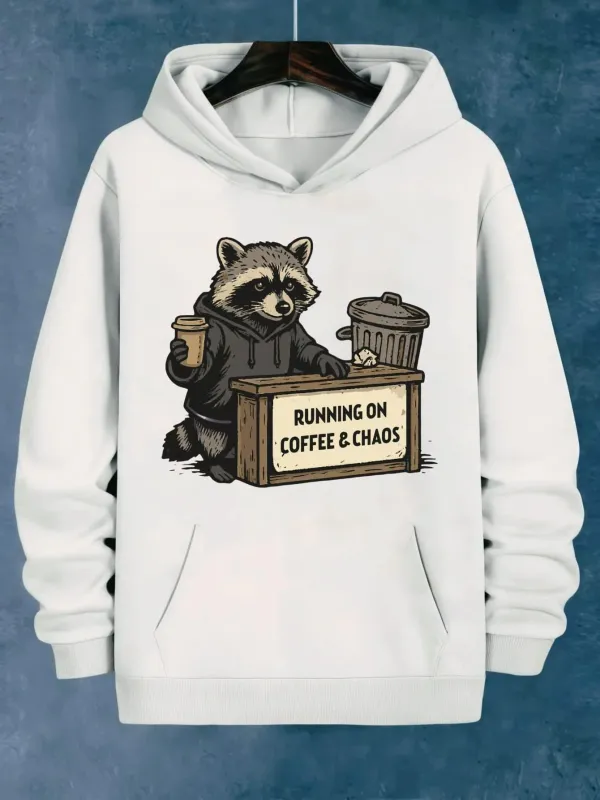 Tailorly Women's Printed Hoodie - Running On Coffee And Chaos With Trash Bin Holding Coffee Raccoon made by Tailorly