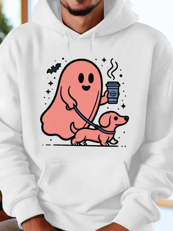 Tailorly Men's Printed Hoodie - Cartoon Pink Ghost Enjoying Coffee While Walking Happy Dog made by Tailorly