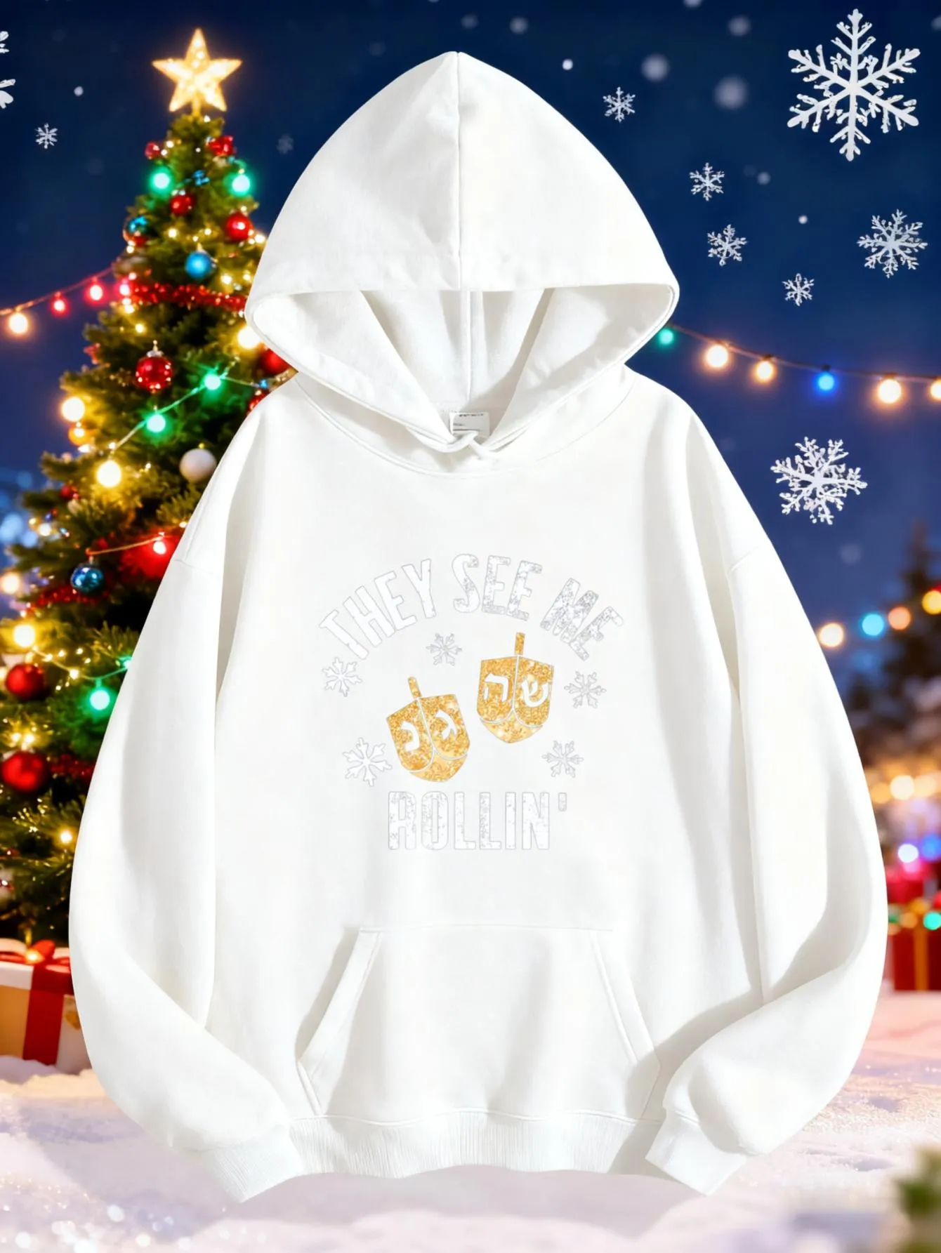 Tailorly Women's Printed Hoodie - Gold Holiday Sparkle With Winter Snowflakes Around Dreidel sold by Tailorly