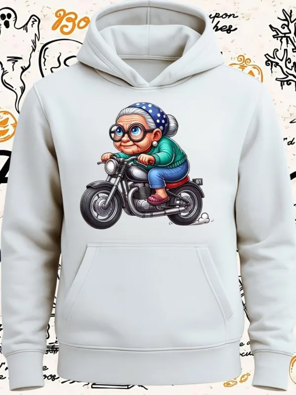 Tailorly Women's Printed Hoodie - Playful Cartoon Grandmother Riding On Vintage Motorbike made by Tailorly