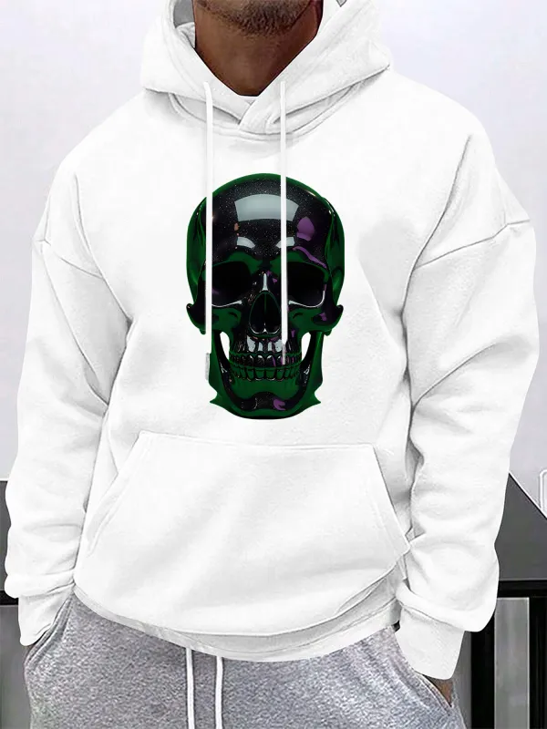 Tailorly Men's Printed Hoodie - Shimmering Emerald Glow With Chrome Metallic Skull Design made by Tailorly