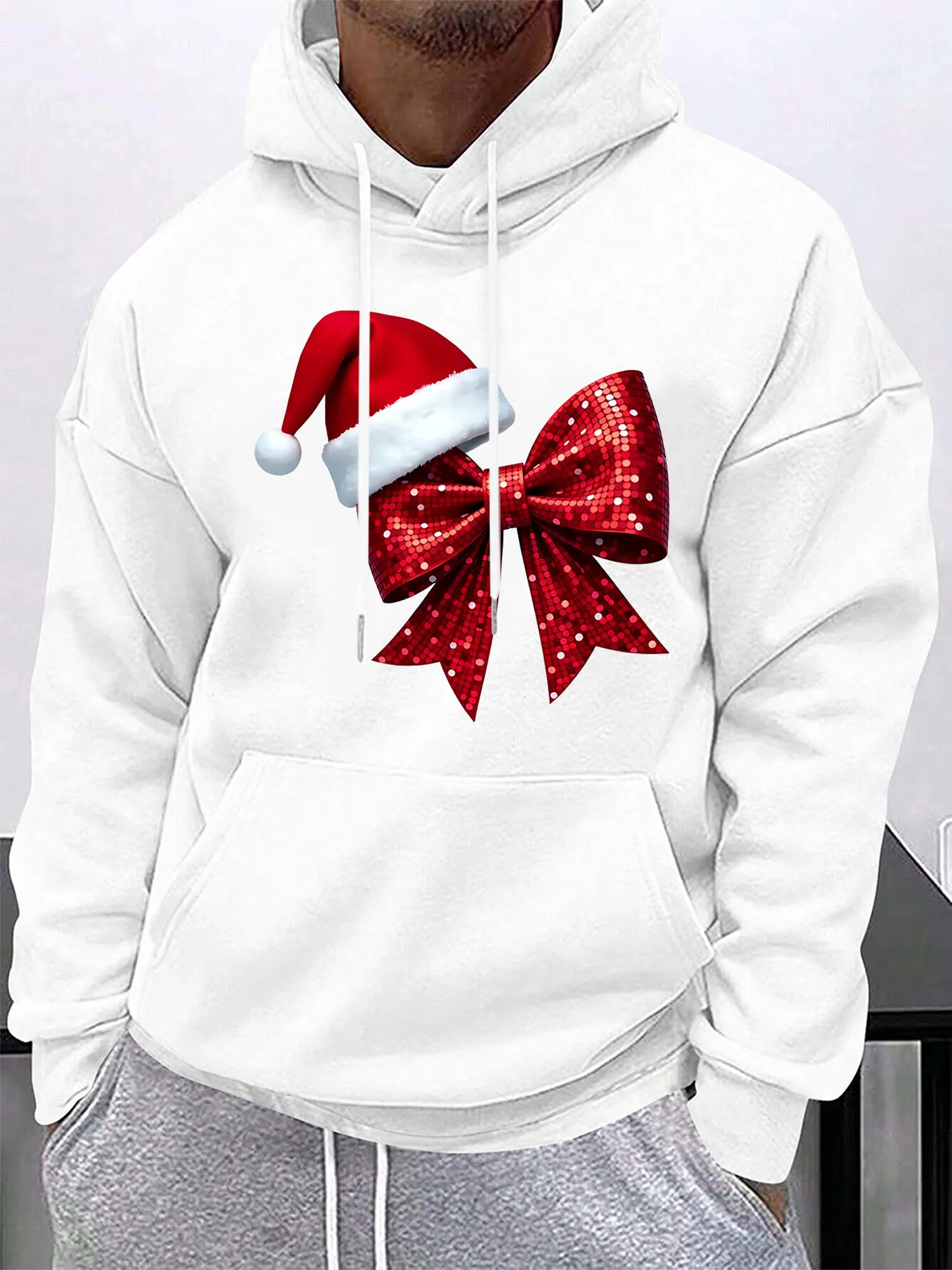 Tailorly Men's Printed Hoodie - Festive Red Bow And Santa Hat Holiday Motif Hooded Sweatshirt sold by Tailorly