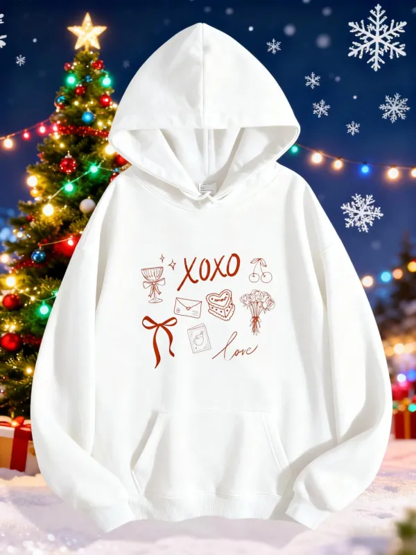 Tailorly Women's Printed Hoodie - Xoxo Love With Hand Drawn Gifts Ribbons And Holiday Letter made by Tailorly