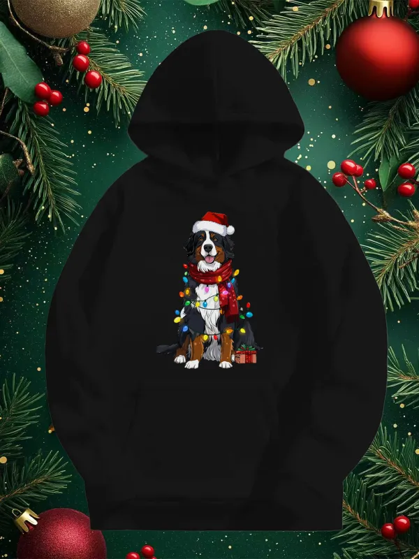 Tailorly Men's Printed Hoodie - Festive Holiday Scene With Gift Boxes Christmas Lights And Santa Hat Dog made by Tailorly