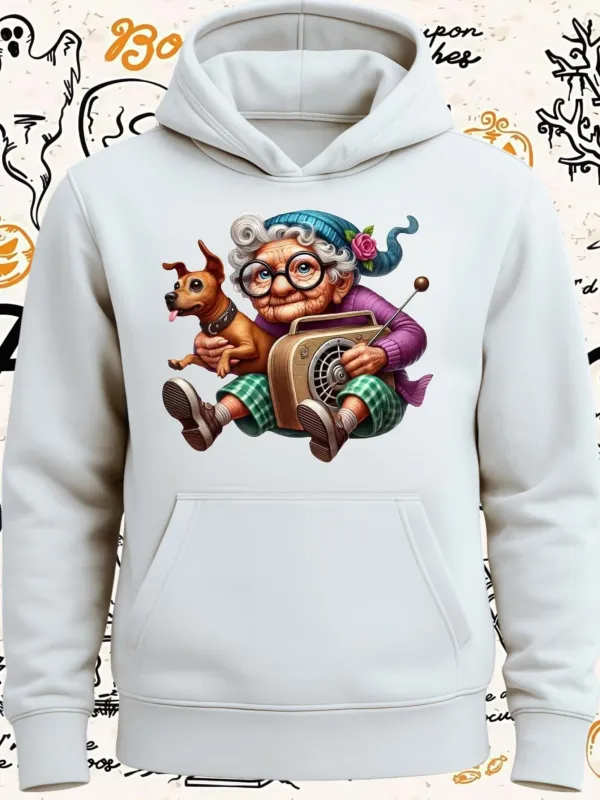 Tailorly Women's Printed Hoodie - Whimsical Elderly Woman With A Vintage Radio And Cheerful Puppy made by Tailorly