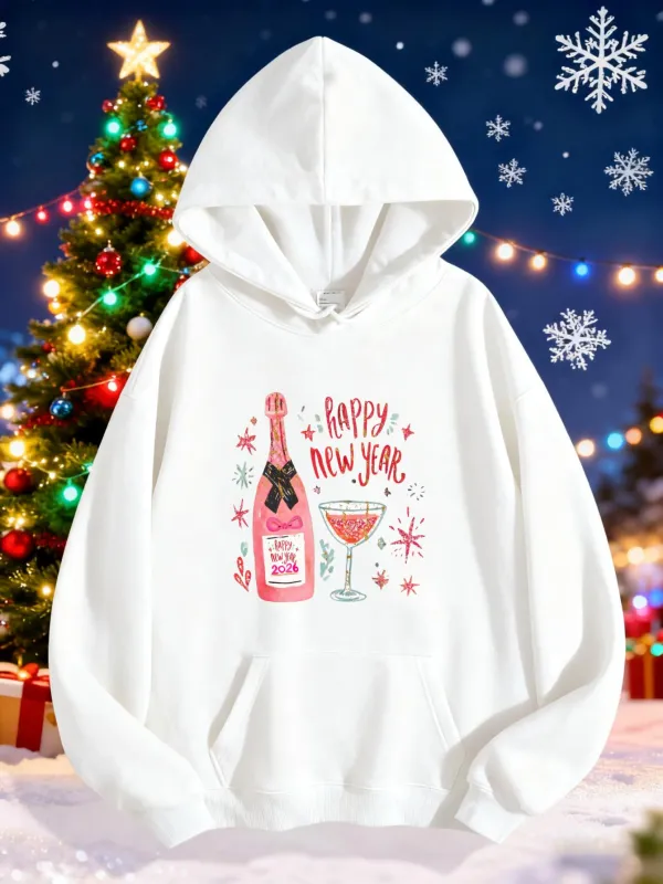 Tailorly Women's Printed Hoodie - Happy New Year Pink Bottle With Sparkling Flute Glass Surrounded By Festive Snowflakes made by Tailorly